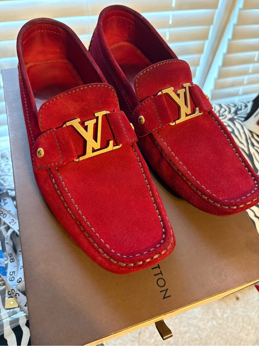 Louis Vuitton Red Suede LV-Buckle Driving Loafers